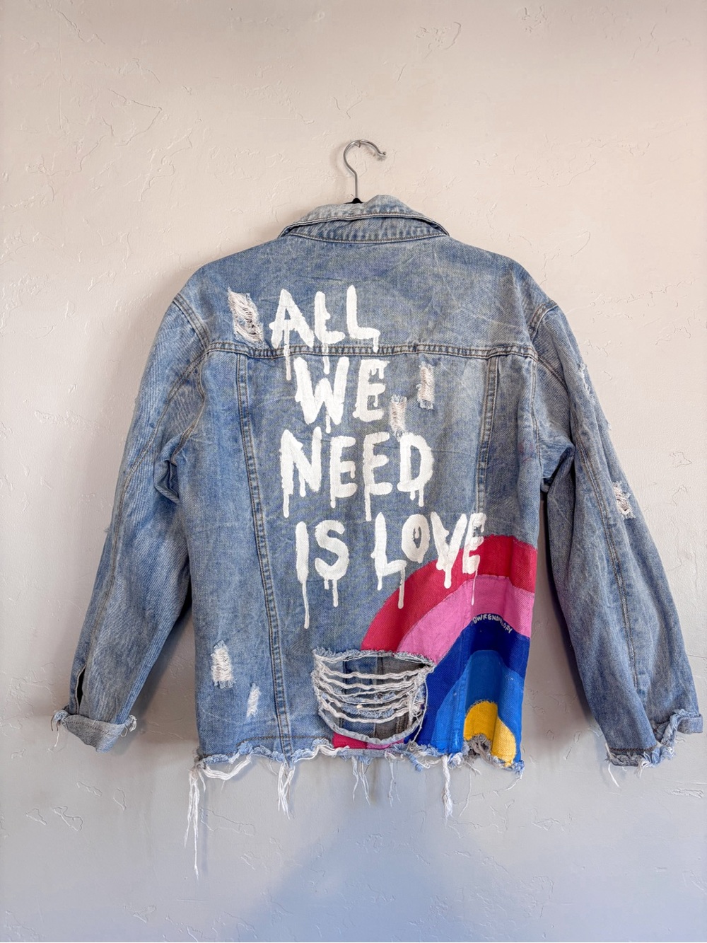 Wren+ Glory All We Need Is Love Distressed Denim Jacket Medium - Picture 5 of 8